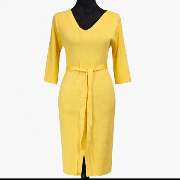 Adianna Papell | Yellow Knit Crepe V Neck Dress - Picture 3 of 5